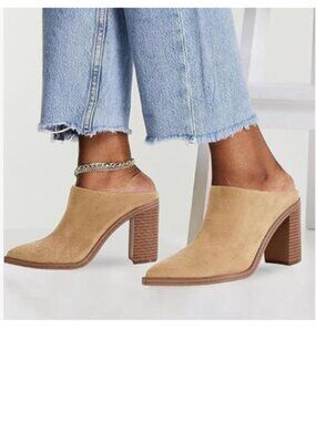 FOWT Camel Pointed Toe Slip On Mules Stacked Block High Heel Sandal Proms Shoes